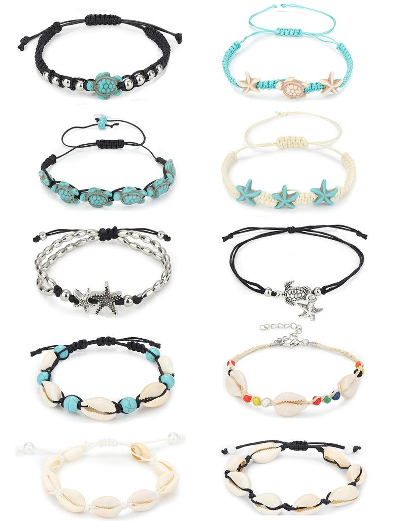 LOYALLOOK 10PCS Shell Turtle Ankle Bracelets Handmade Boho Anklet Jewelry Adjustable Natural Cowrie Shell Beach Bead Anklet for Women - Image 1
